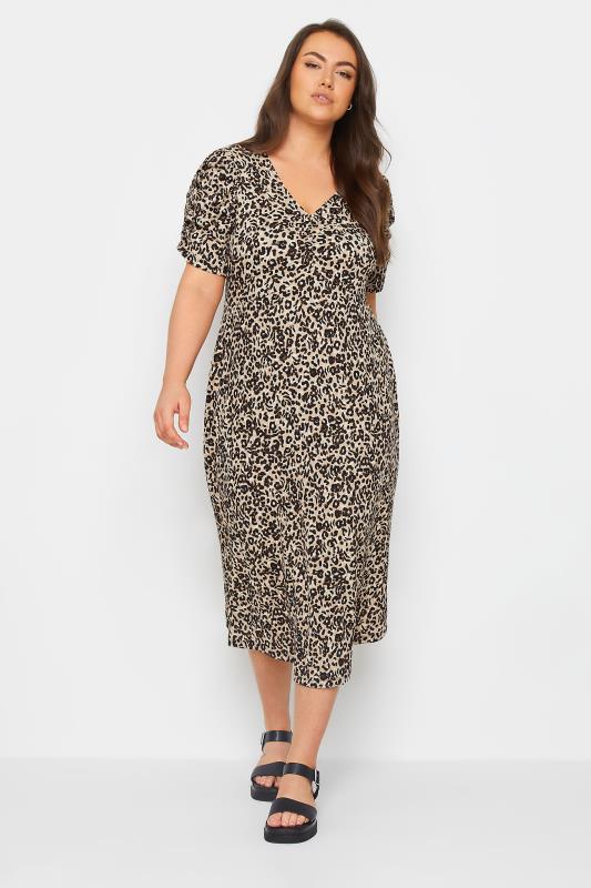 YOURS Plus Size Natural Brown Leopard Print Textured Milkmaid Dress | Yours Clothing 2