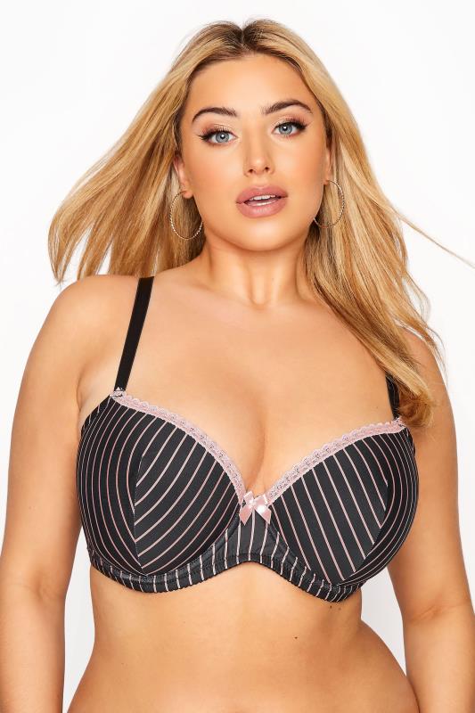 Plus Size 2 Pack Black Pinstripe Padded Underwired T-Shirt Bras | Yours Clothing 2