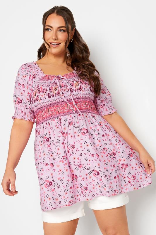 LIMITED COLLECTION Curve Plus Size Pink Ditsy Floral Print Shirred Top | Yours Clothing  1