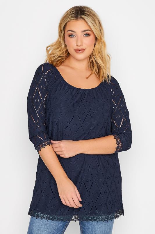  dla puszystych YOURS Curve Navy Blue Pointelle Lace Trim Top