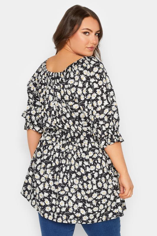 YOURS Plus Size Black Floral Shirred Gypsy Top | Yours Clothing 3