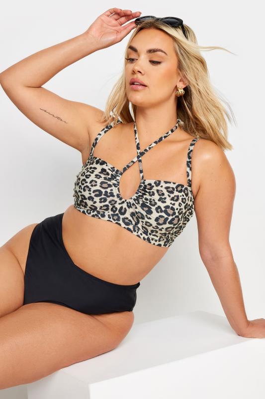 YOURS Plus Size Brown Leopard Print Halter Neck Bikini Top | Yours Clothing 2