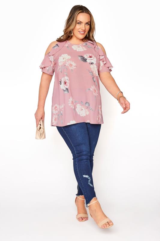 YOURS LONDON Pink Rose Print Ruffle Sleeve Top | Yours Clothing