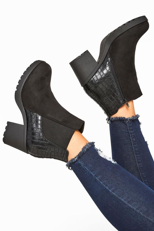 Black Faux Suede Croc Effect Heeled Chelsea Boots In Extra Wide Fit 1
