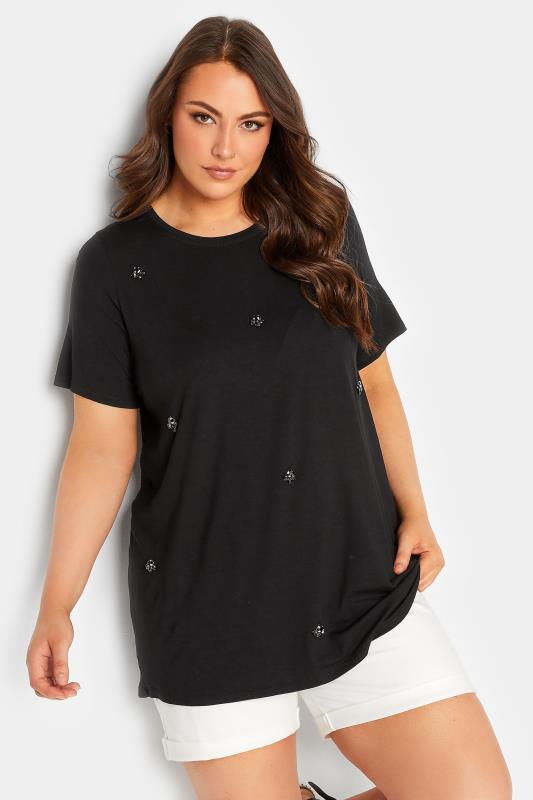 YOURS Plus Size Black Diamante Embellished T-Shirt | Yours Clothing 1