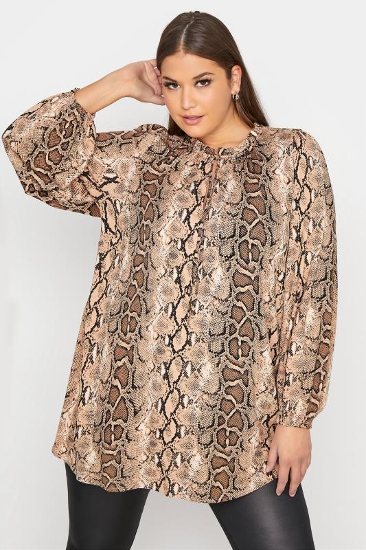 Plus Size  YOURS LONDON Curve Brown Snake Print Tie Neck Blouse