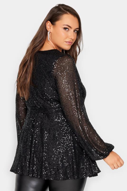 YOURS LONDON Plus Size Black Sequin Wrap Top | Yours Clothing 3