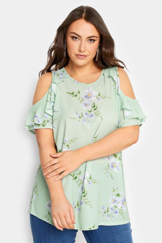 YOURS LONDON Plus Size Green Floral Frill Cold Shoulder Top | Yours Clothing 4