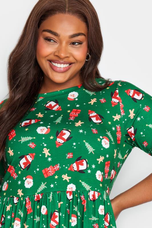 LIMITED COLLECTION Plus Size Green Santa Print Christmas Smock Dress | Yours Clothing 5