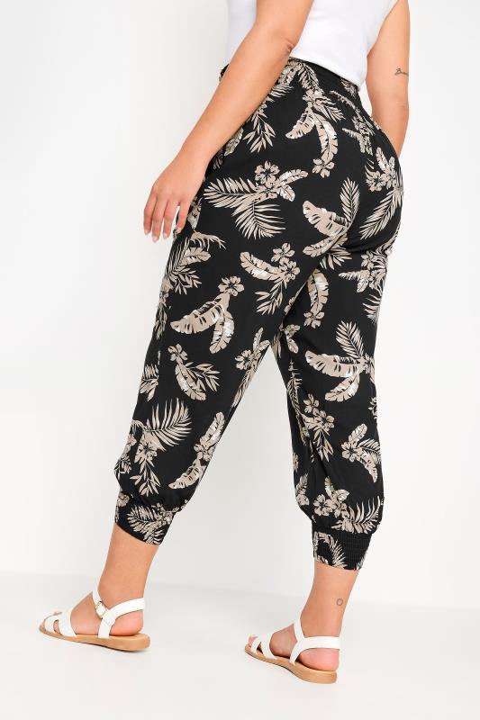YOURS Plus Size Black Leaf Print Shirred Harem Trousers | Yours Clothing 3