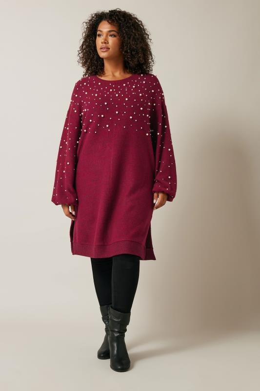 EVANS Plus Size Burgundy Red Pearl Embellished Soft Touch Jumper Dress | Evans 3