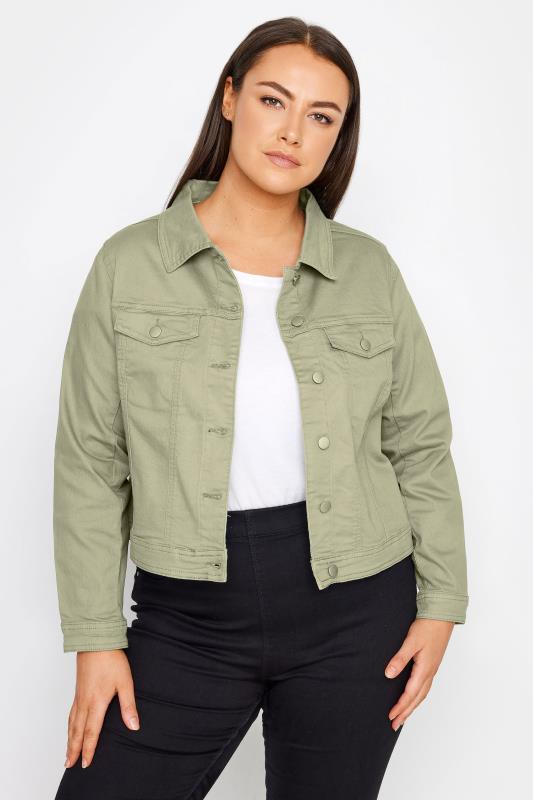 Plus Size  Avenue Khaki Green Cropped Denim Jacket