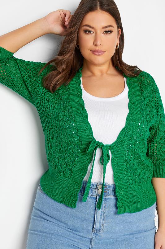 YOURS Plus Size Green Pointelle Tie Up Shrug | Yours Clothing 1