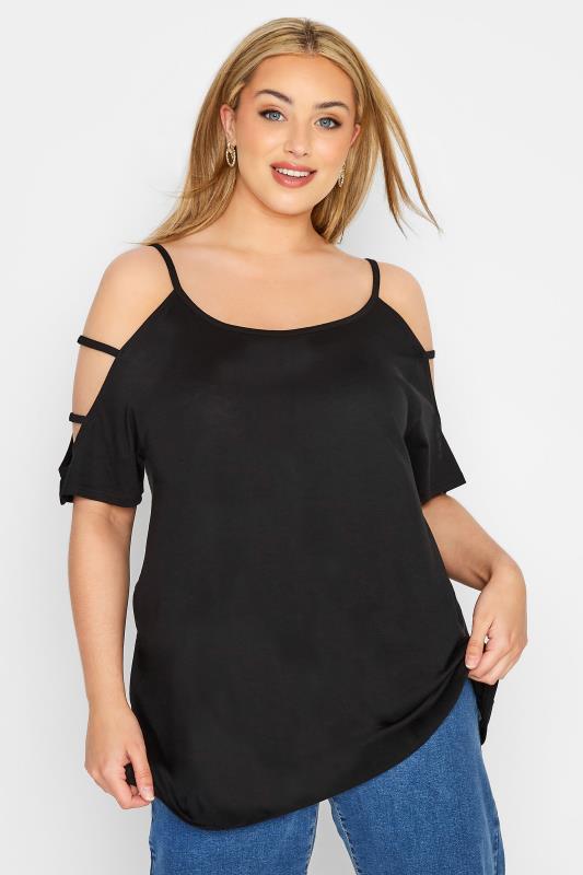 Plus Size Black Strappy Cold Shoulder Top | Yours Clothing 1