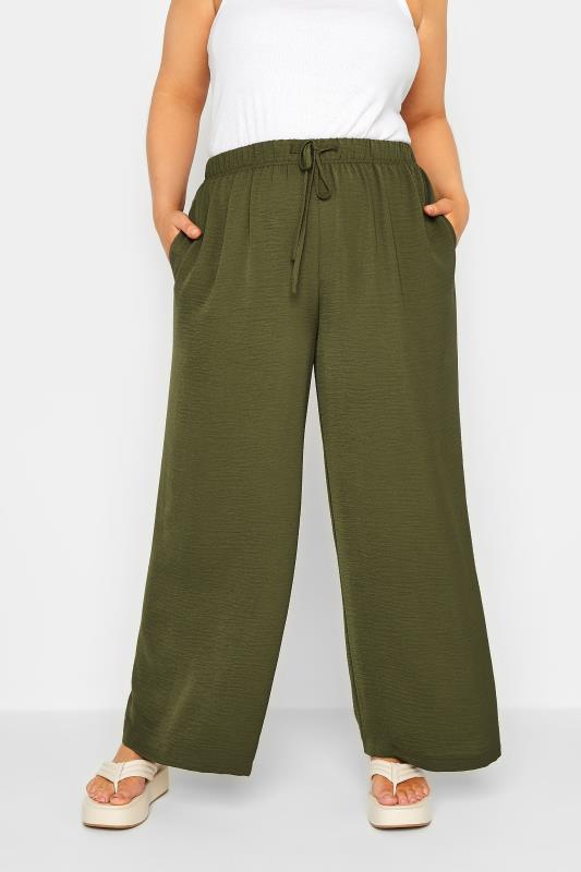 YOURS Plus Size Khaki Green Washed Twill Wide Leg Trousers | Yours Clothing