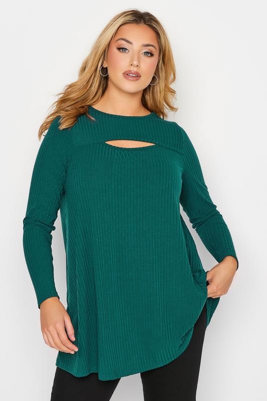 Curve Plus Size Forest Green Ribbed Cut Out Long Sleeve Ribbed Top | Yours Clothing 1