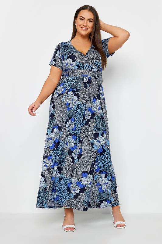 Plus Size  YOURS Curve Blue Floral Print Wrap Maxi Dress