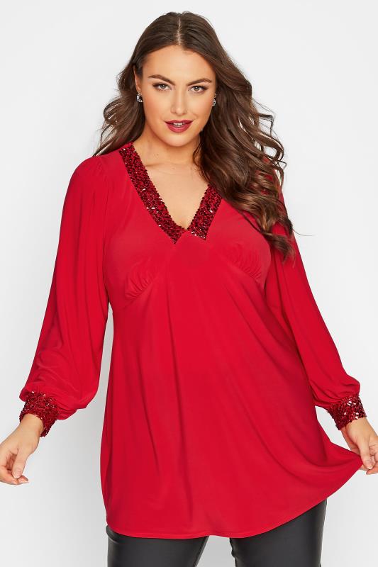 YOURS LONDON Plus Size Red Sequin Trim Top | Yours Clothing 1