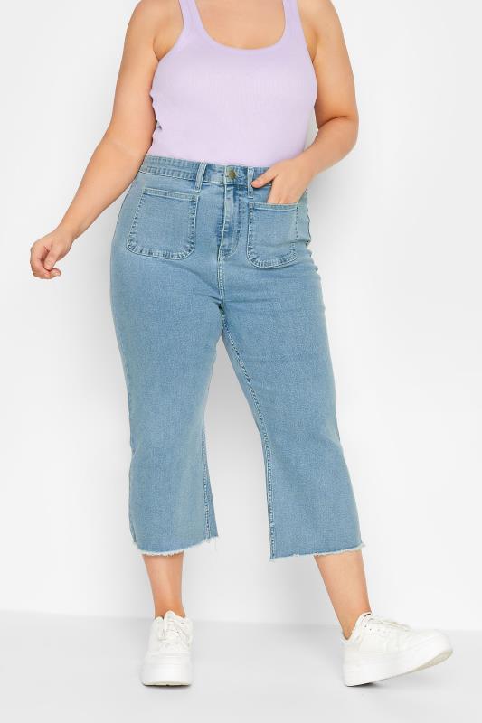 YOURS Plus Size Light Blue Front Pocket Cropped Wide Leg Jeans | Yours Clothing 1