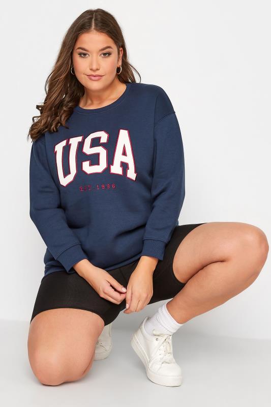 Plus Size  YOURS Curve Navy Blue 'USA' Embroidered Slogan Sweatshirt