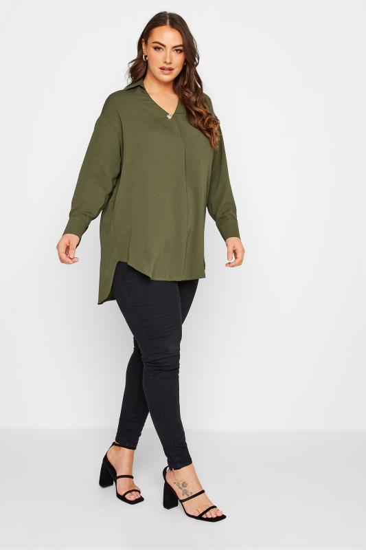 YOURS LONDON Plus Size Womens Curve Khaki Green Button Blouse | Yours Clothing 2
