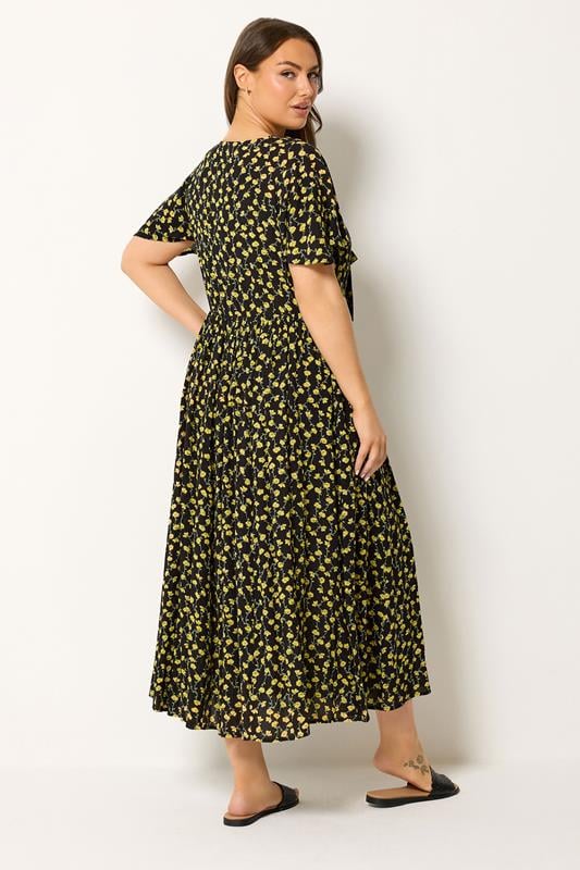 YOURS Plus Size Black & Yellow Floral Crinkle Maxi Dress | Yours Clothing 2