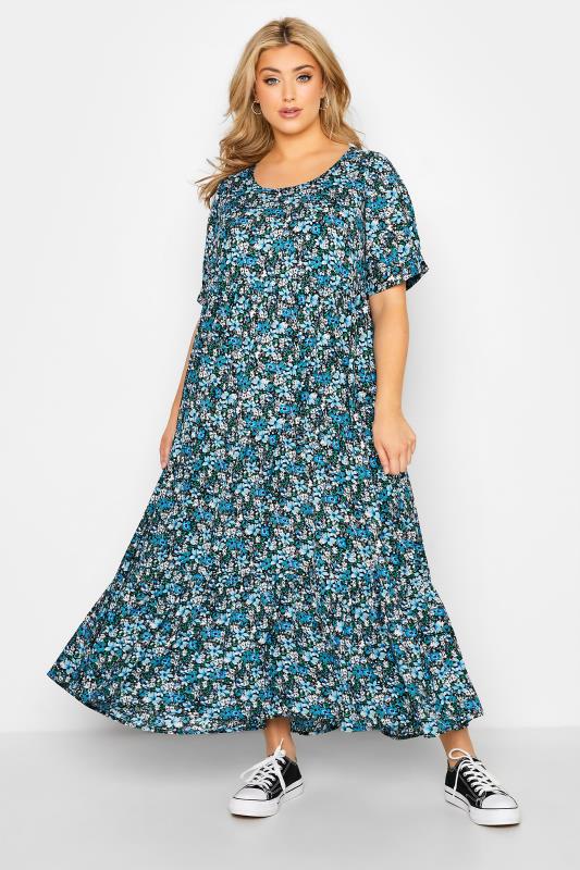 Plus Size  LIMITED COLLECTION Curve Black & Blue Ditsy Print Midaxi Smock Dress