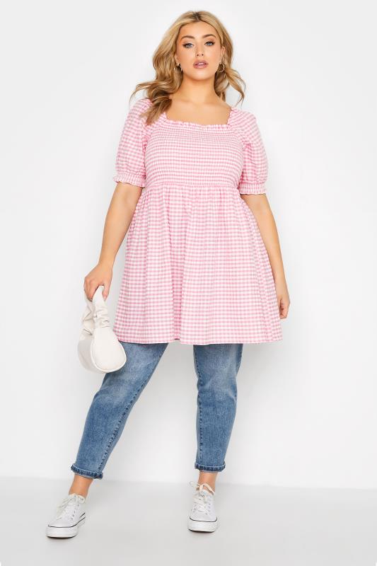 Plus Size Pink Gingham Shirred Top | Yours Clothing 7