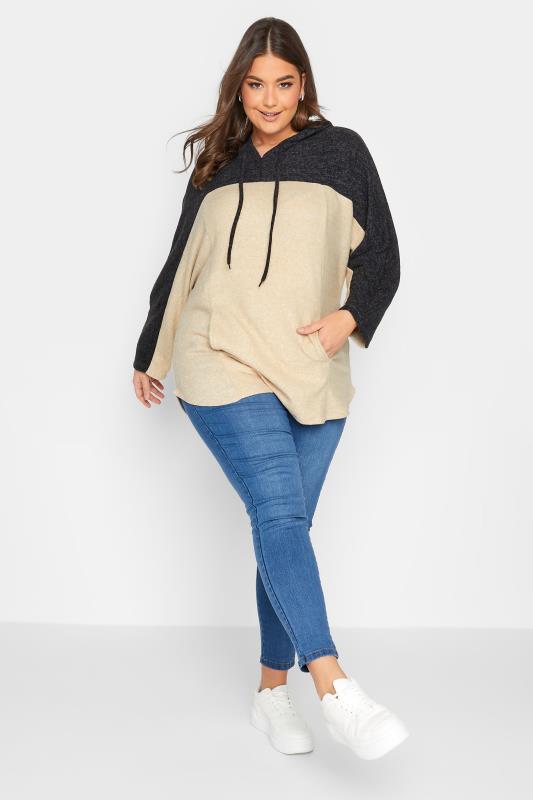 Curve Plus Size Womens Beige Brown & Black Colourblock Hoodie | Yours Clothing 2
