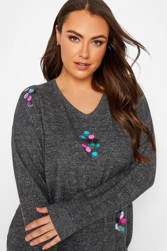 Curve Dark Grey Embellished Long Sleeve Knitted Top | Yours Clothing 4