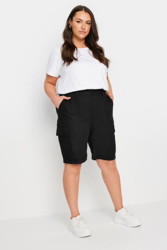 YOURS Plus Size Black Elasticated Waist Cargo Shorts | Yours Clothing 2