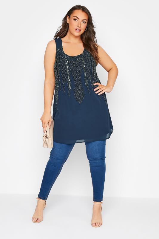 LUXE Curve Navy Blue Sequin Hand Embellished Cami Top 2