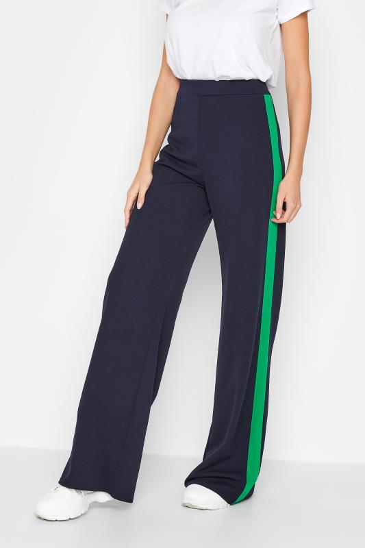 LTS Tall Womens Navy Blue & Green Stripe Wide Leg Trousers | Long Tall Sally 1