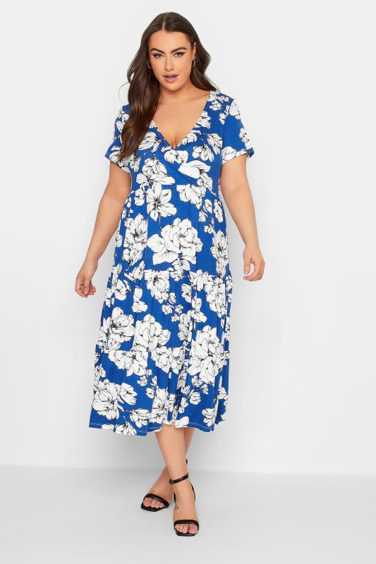 Plus Size  YOURS Curve Cobalt Blue Floral V-Neck Tiered Wrap Dress