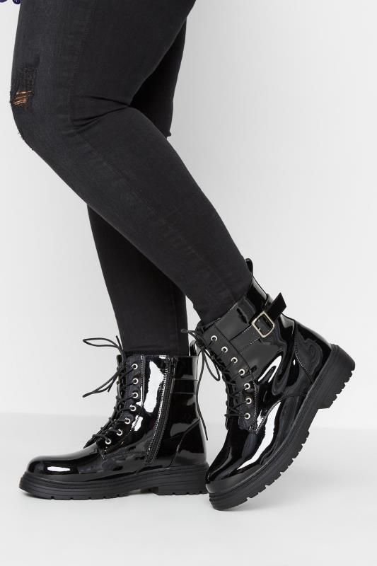 Black Patent Buckle Lace Up Ankle Boots In Extra Wide EEE Fit 1