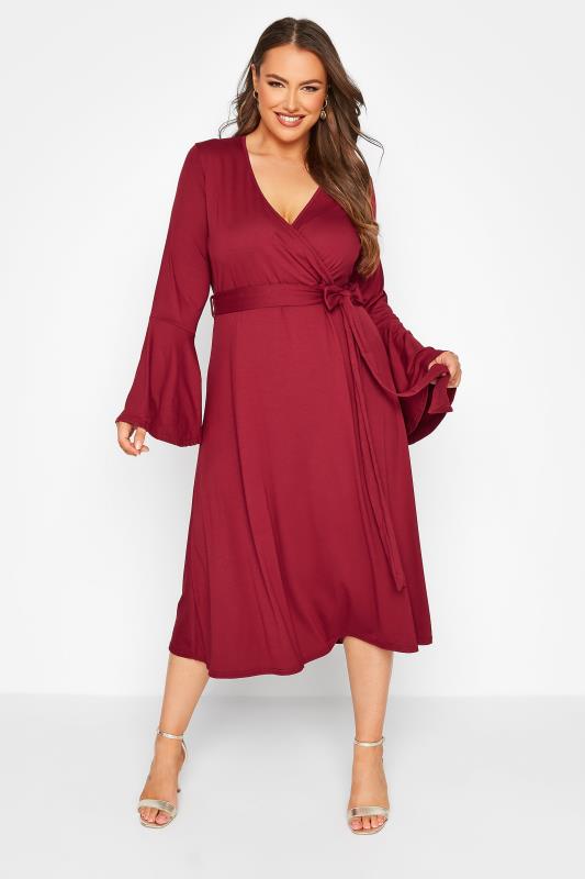 LIMITED COLLECTION Curve Wine Red Flare Sleeve Wrap Dress 1