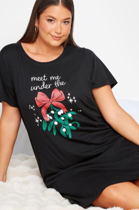 YOURS Plus Size Black 'Meet Me Under The Mistletoe' Slogan Christmas Nightdress | Yours Clothing 6