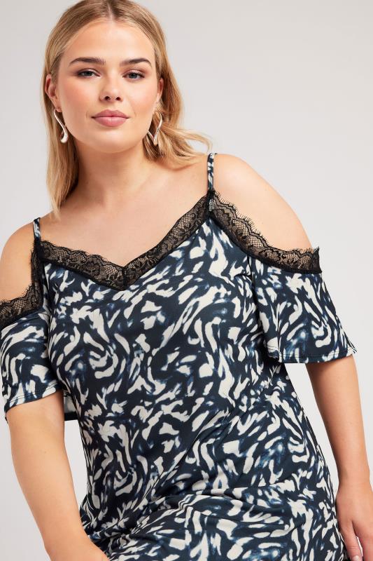 YOURS LONDON Plus Size Black Animal Print Lace Cold Shoulder Top | Yours Clothing 1