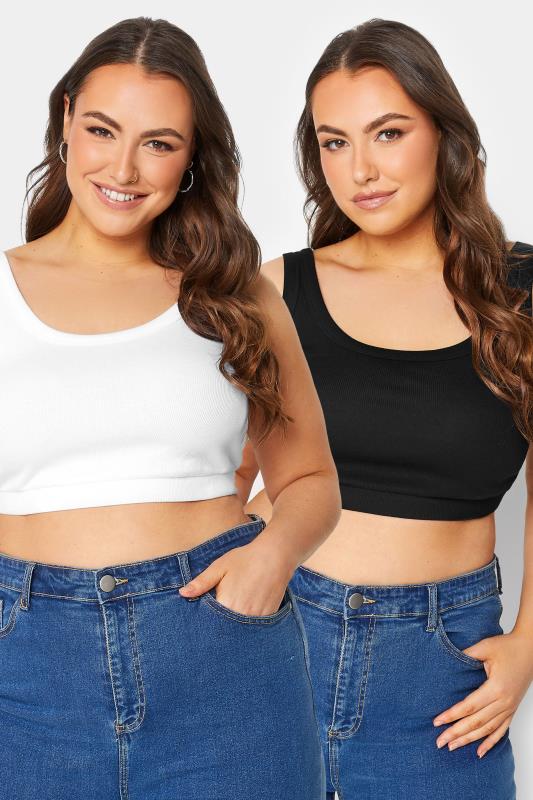 Plus Size  YOURS Curve 2 PACK Black & White Ribbed Crop Tops