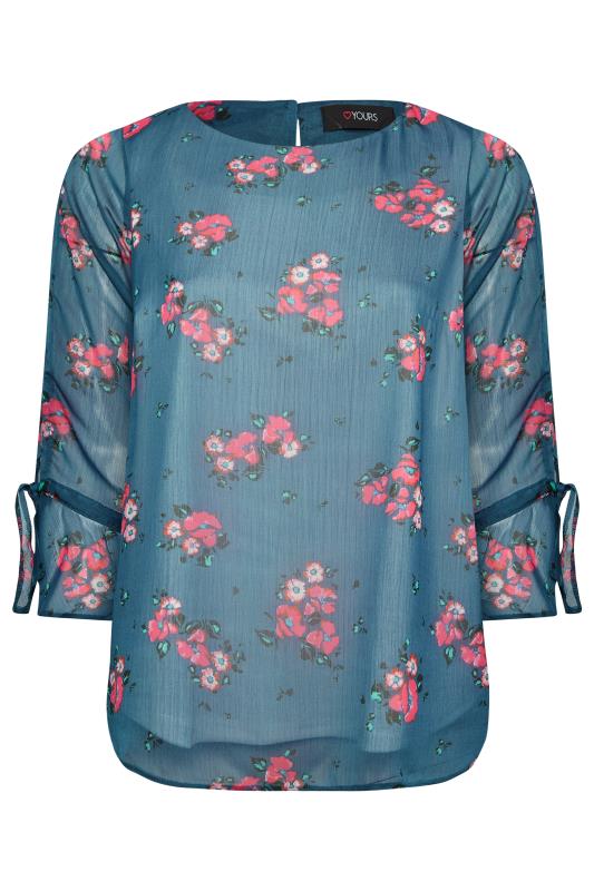 YOURS Plus Size Curve Blue & Pink Floral Bell Sleeve Blouse | Yours Clothing  6