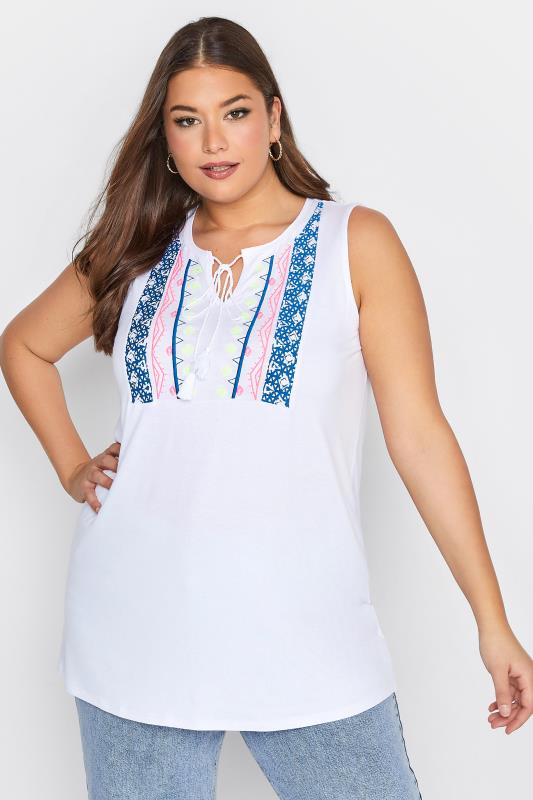 Plus Size White Aztec Embroidered Tie Neck Top | Yours Clothing  1