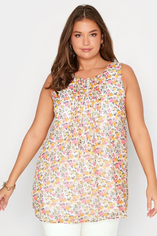 Plus Size White Floral Print Pleat Front Sleeveless Blouse | Yours Clothing  4