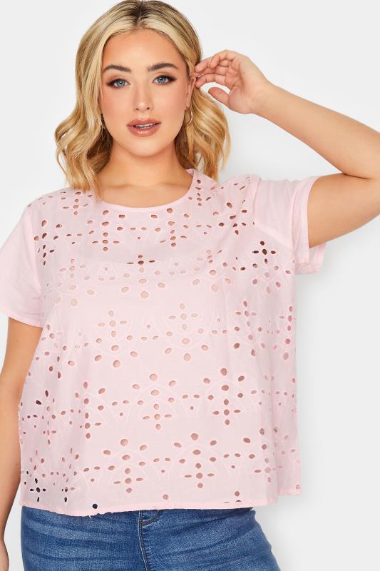 YOURS PETITE Plus Size Curve Light Pink Broderie Anglaise Short Sleeve Top | Yours Clothing  4