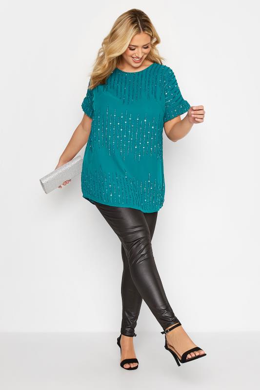 Plus Size LUXE Teal Blue Sequin Hand Embellished Top | Yours Clothing 2