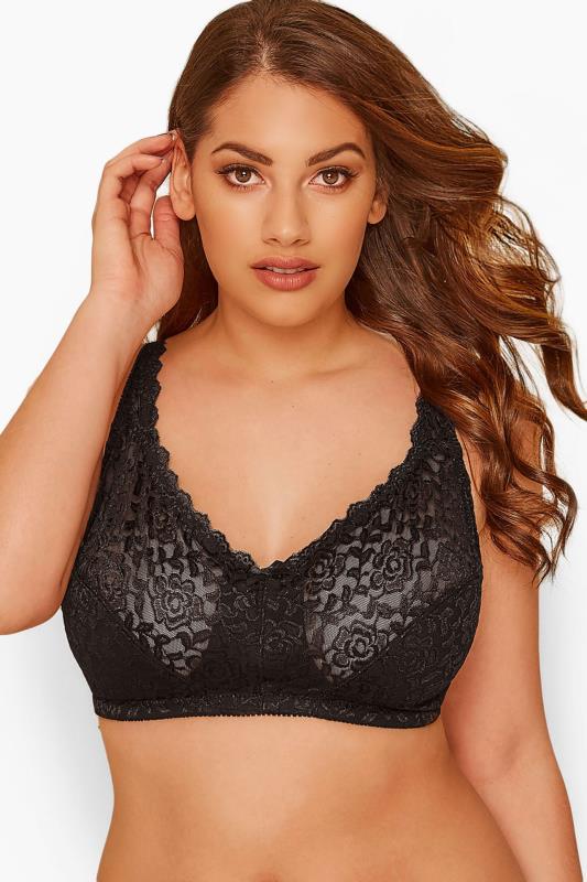  Black Hi Shine Lace Non Wired Bra - Available In Sizes 38C - 48G