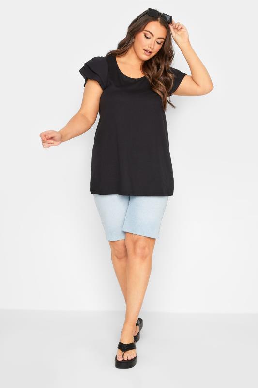 YOURS Plus Size Black Frill Sleeve T-Shirt | Yours Clothing 2