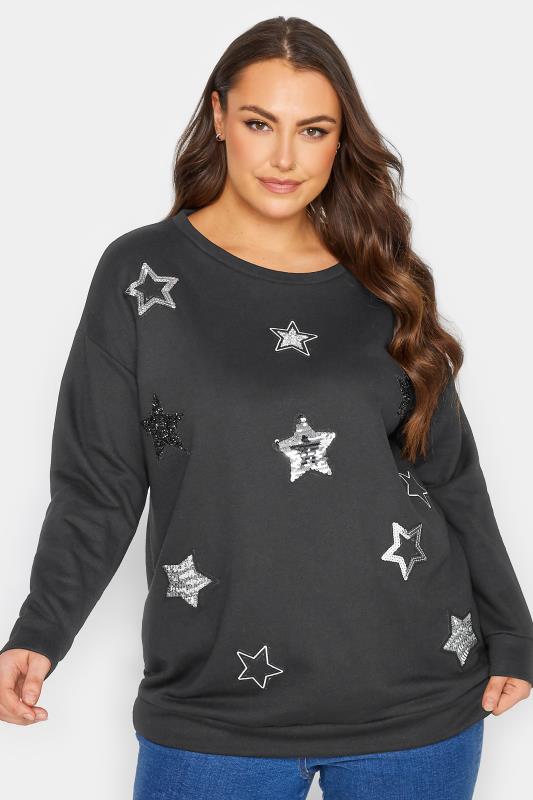 Plus Size Black Star Print Sweatshirt | Yours Clothing 1