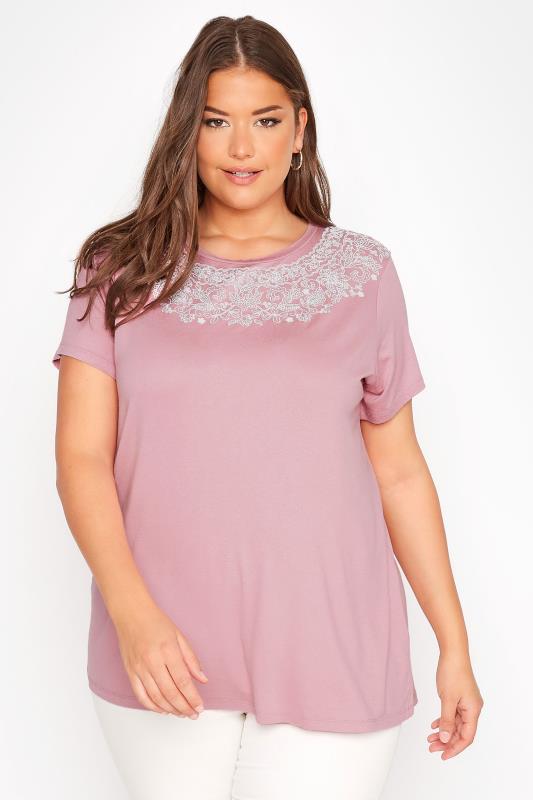 Plus Size Pink Printed Neck Detail Top | Yours Clothing 1