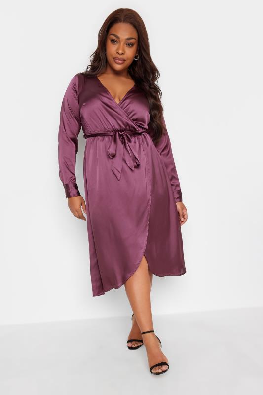 LIMITED COLLECTION Plus Size Dark Purple Satin Wrap Dress | Yours Clothing 1