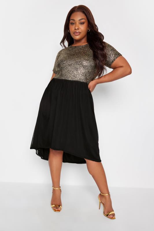  Grande Taille LIMITED COLLECTION Curve Black & Gold Glitter Mesh Dress
